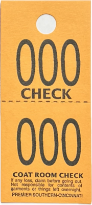 CC02ORA COAT CHECK TICKET 2-PART ORANGE (1M/BX)
