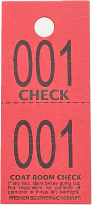 CC02RED COAT CHECK TICKET 2-PART RED (1M/BX)