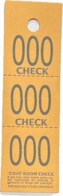 CC03ORA COAT CHECK TICKET 3-PART ORANGE (1M/BX)