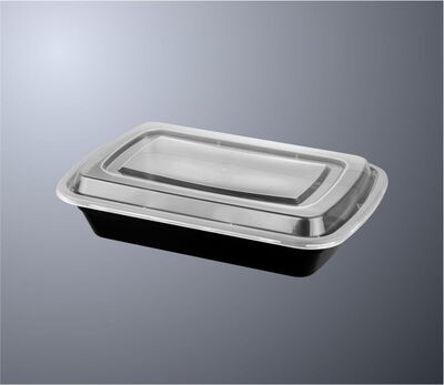 T-38 38OZ RECTANGULAR BLACK CONTAINER / LID 150/CS 8 3/4"X6"X2"